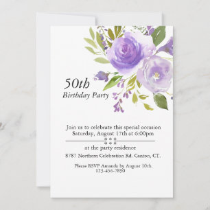 Purple Watercolor Roses,Customizable 50th Birthday Invitation