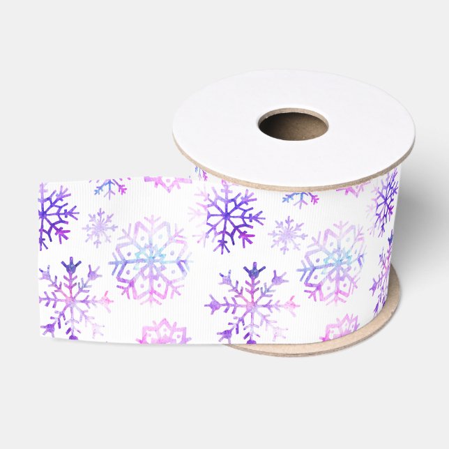 Purple Watercolor Snowflake Christmas Design Grosgrain Ribbon (Spool)