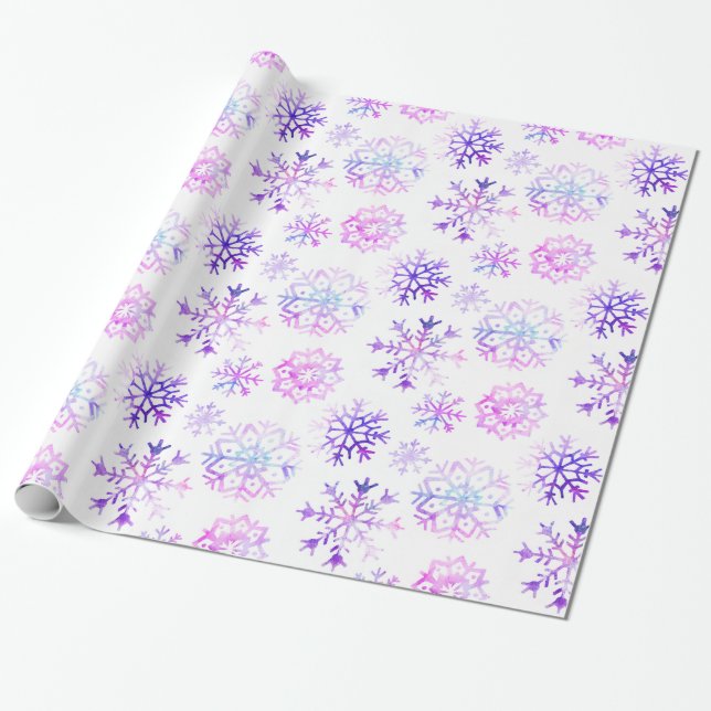 Purple Watercolor Snowflake Christmas Design Wrapping Paper (Unrolled)