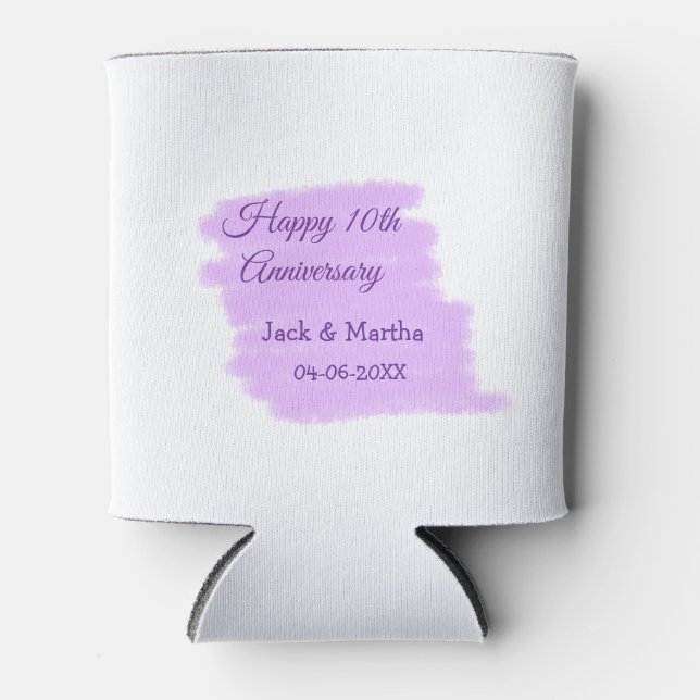 Purple watercolor splash modern 10th anniversary  can cooler (Front)