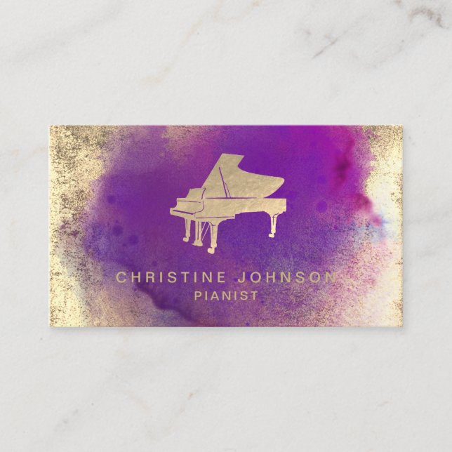 purple watercolor splash piano logo business card (Front)