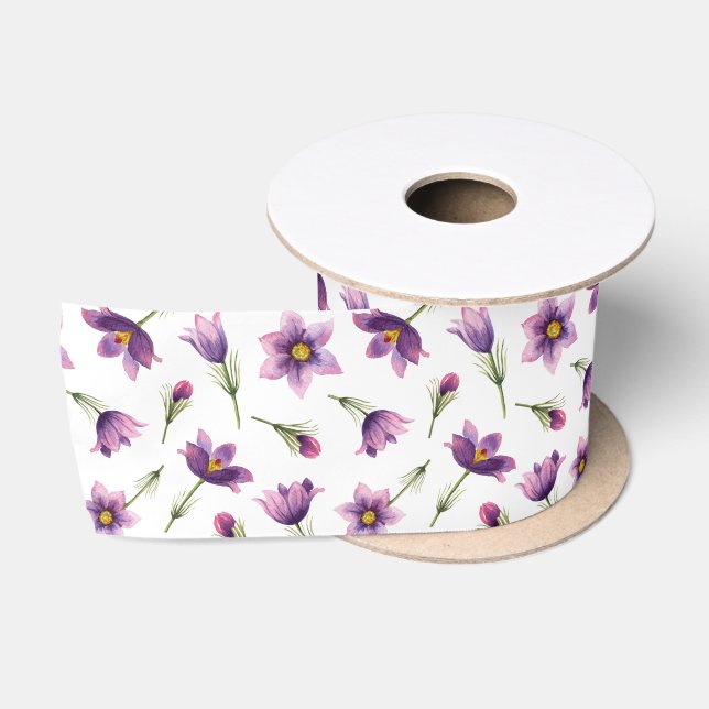 Purple Watercolor Spring Blooms Floral Pattern Satin Ribbon (Spool)