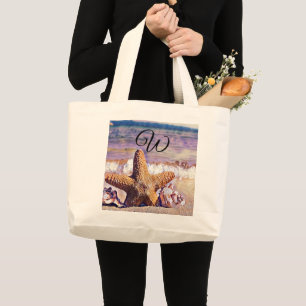 Purple Watercolor Starfish Seashells Painting Large Tote Bag