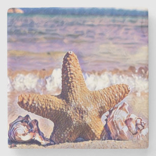 Purple Watercolor Starfish Seashells Painting  Stone Coaster