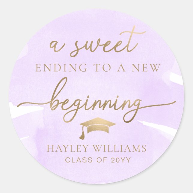 Purple Watercolor Sweet New Beginning Graduation Classic Round Sticker (Front)
