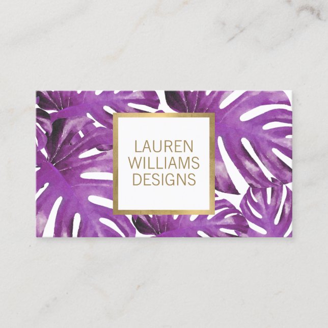Purple Watercolor Tropical Monstera Pattern Business Card (Front)
