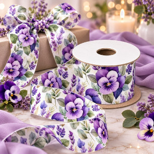 Purple Watercolor Violets Floral Elegant Satin Ribbon