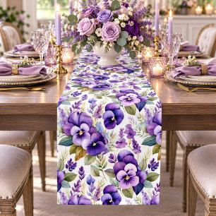 Purple Watercolor Violets Floral Elegant Short Table Runner