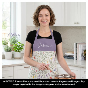 Purple Watercolor Wildflower Boho Custom Name Apron