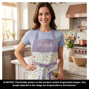 Purple Watercolor Wildflower Boho Monogram Name Apron