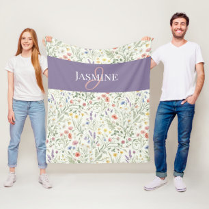Purple Watercolor Wildflower Boho Monogram Name Fleece Blanket