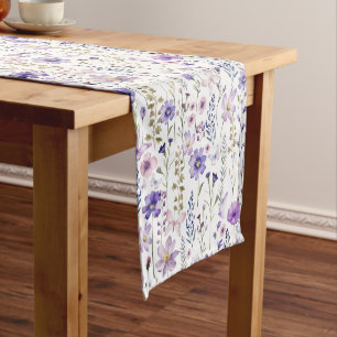 Purple Watercolor Wildflower Garden Pattern Short Table Runner
