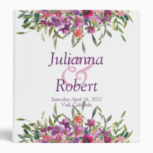 Purple watercolor wildflowers wedding 3 ring bin binder
