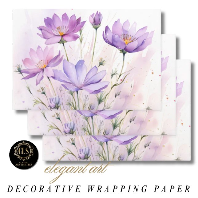 Purple Watercolor Wildflowers Wrapping Paper Sheet (Wrapping Paper - Watercolor Wildflower Purple Hues)