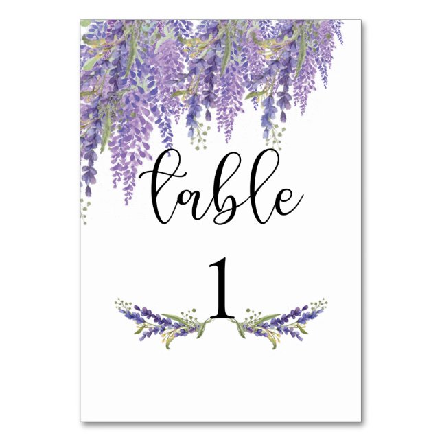 Purple watercolor Wisteria tree Wedding Table Number (Front)