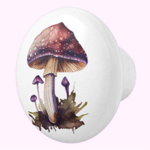 Purple Watercolor Woodland Mushroom Cottagecore Ceramic Knob