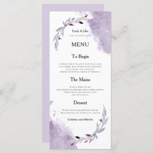 Purple Watercolors Foliage Text Wedding  Menu