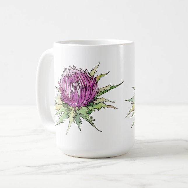 Purple Watercolors Thistle Coffee Mug (Front Left)