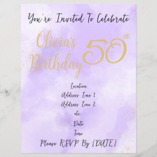 Purple Watercolour & Gold Birthday Invite