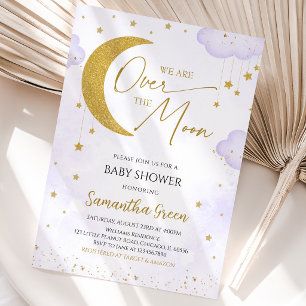 Purple We are Over the Moon Baby Shower Invitation