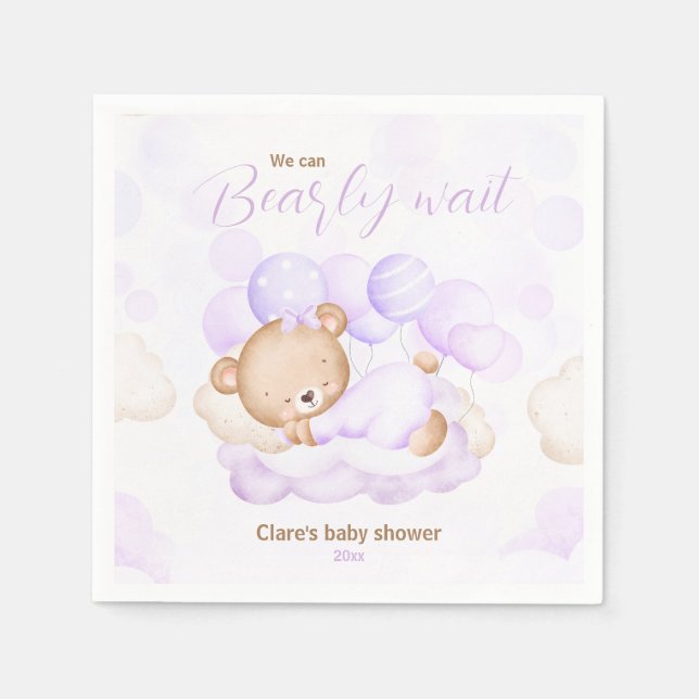 Purple We Can Bearly Wait Baby Shower Napkins  (Front)