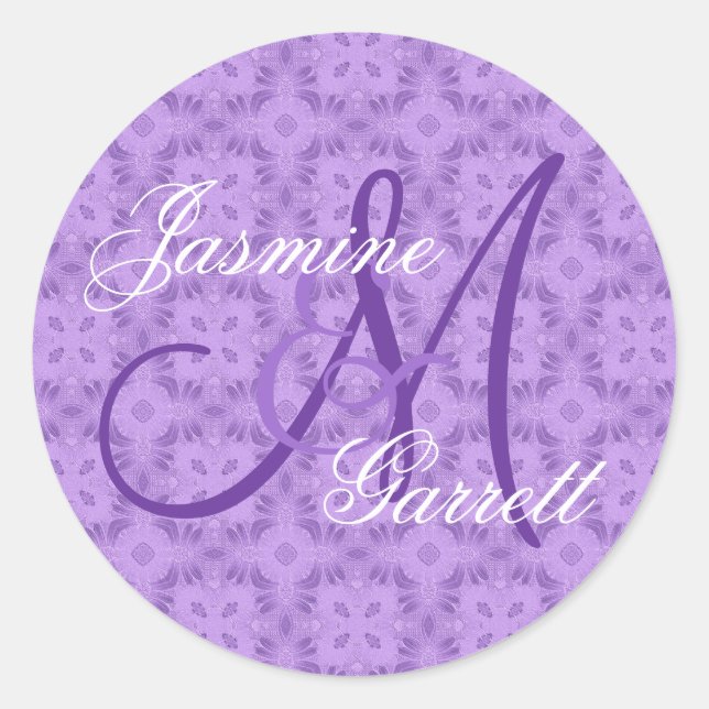 Purple Wedding Custom Monogram V12 Classic Round Sticker (Front)