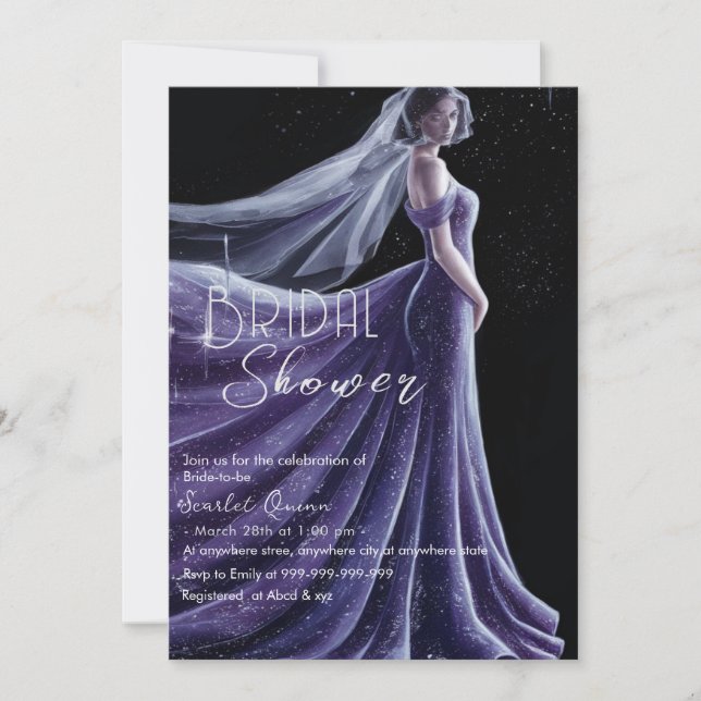 purple wedding gown bridal shower  invitation (Front)