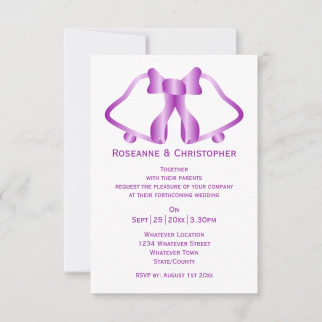 Purple Wedding Invitation Bells And Ribbon (Front)