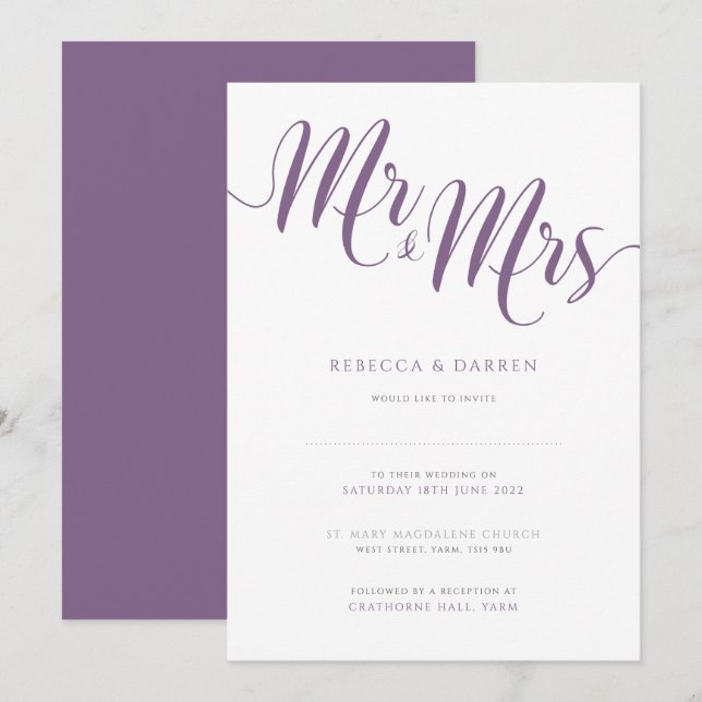 Purple Wedding Invitation Mr & Mrs Invites (Front/Back)