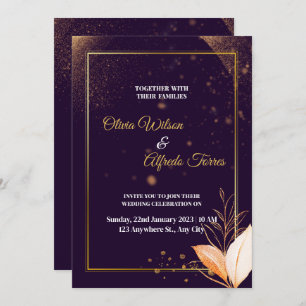 purple wedding invitation with gold colours