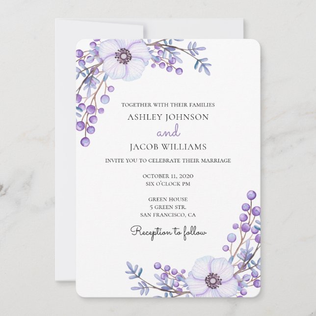 Purple wedding. Lilac flowers. Floral invitation (Front)