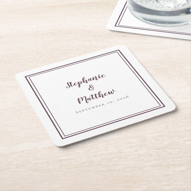 Purple Wedding Names Date Simple Modern Minimalist Square Paper Coaster (Angled)