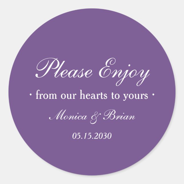 Purple Wedding Please Enjoy Favour Classic Round Sticker (Front)