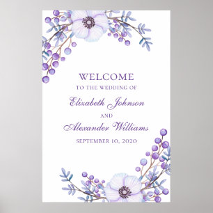 Purple wedding print. Violet flowers welcome sign