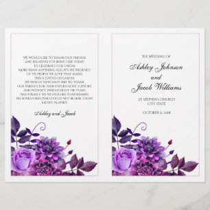 Purple wedding program folded. Church ceremony