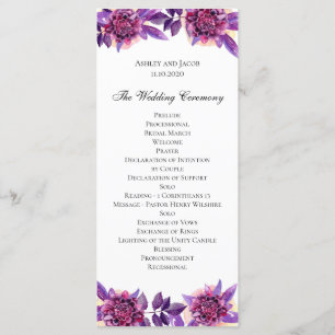 Purple wedding program. Watercolor flower ceremony Program