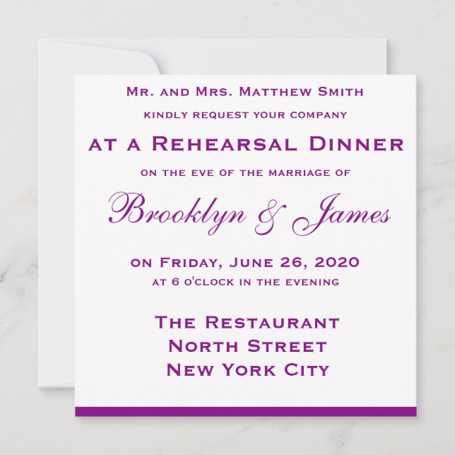 Purple Wedding Rehearsal Dinner Invitations Bow (Front)