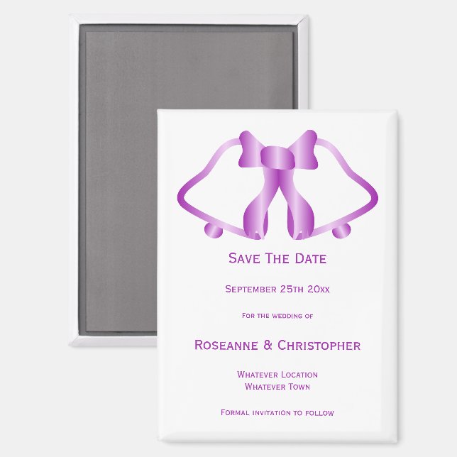 Purple Wedding Save The Date Magnet Bells Ribbon (Front/Back)