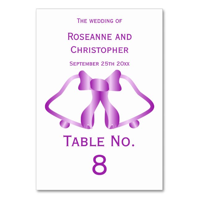 Purple Wedding Table Number Card Bells And Ribbon (Front)