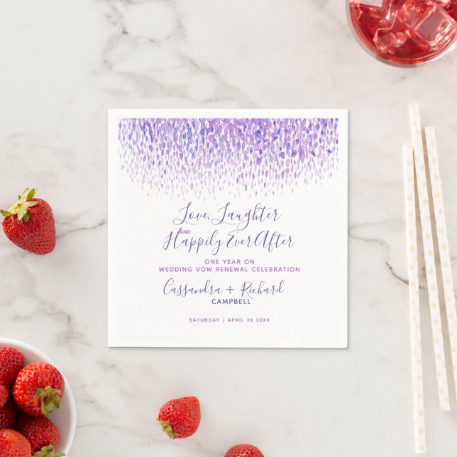 Purple wedding vow renewal 1 year on happily after napkin (Insitu)