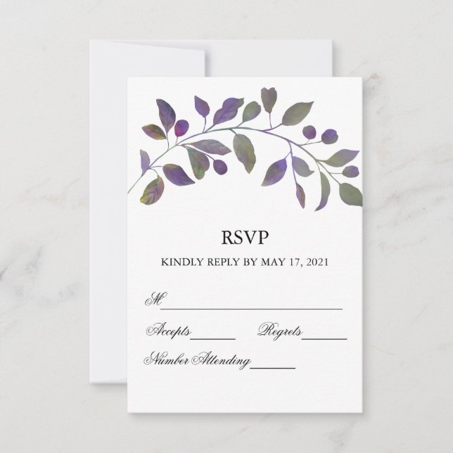Purple Wedding Watercolor Leaf RSVP Cards (Front)