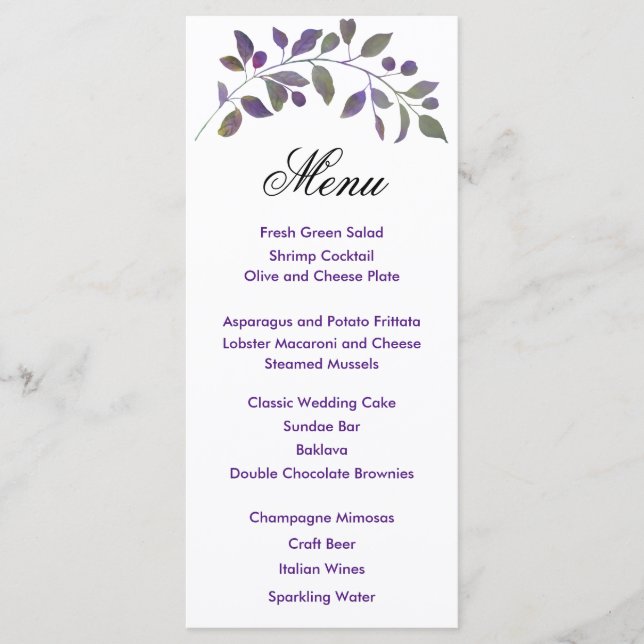 Purple Wedding Watercolor Stem Menu Card (Front)