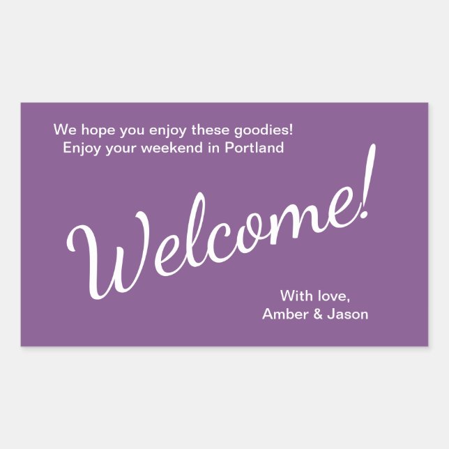 Purple Wedding Welcome Gift Basket Bag Sticker (Front)
