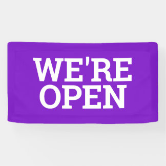 Purple we're open template business banner sign