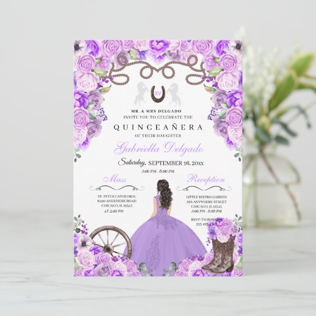 Purple Western Charra Girl Ranchero Quinceanera Invitation (Standing Front)