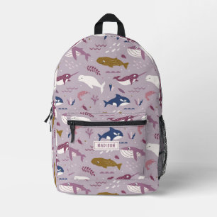Purple whales - ocean animals personalized name printed backpack