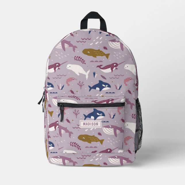 Purple whales - ocean animals personalized name printed backpack (Front)