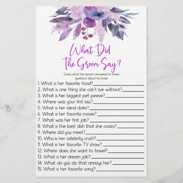 Purple What The Groom Say Bridal Shower Game Stationery (Front)
