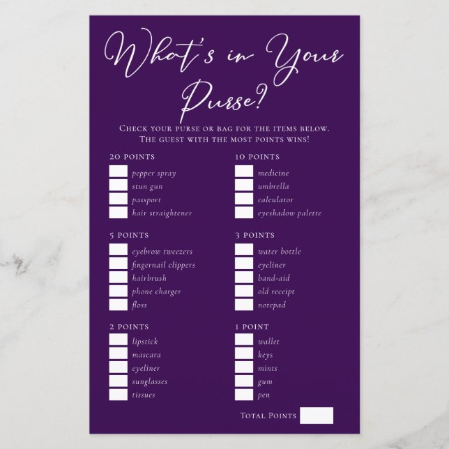 Purple What's in Your Purse Bridal Shower Game (Front)