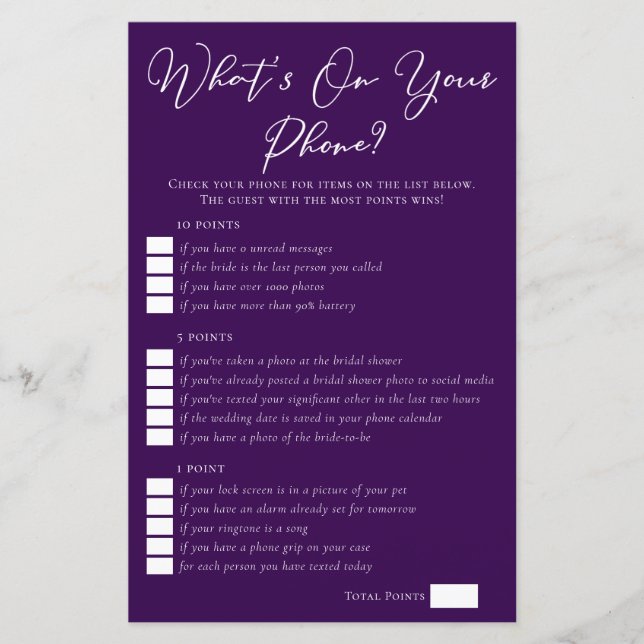 Purple What's On Your Phone Bridal Shower Game (Front)